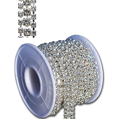 3 Rows Crystal Rhinestone Close Chain Trimming Claw Chain,Crystal Bead Chain for Sewing Craft DIY Jewelry Wedding Decor (Clear Color Rhinestone with Silver Base, 3 Yard x 0.47 Inch) Cover