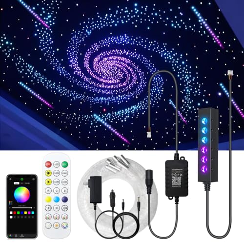 Image of AKEPO 3.2W 6-Hole RGB Colorful Fiber Optic Light Kit, Car Home APP Control 13.1ft 360pcs*0.75mm /0.03in Optical Fiber Mixed Color Chasing Timer MIni Size Star Ceiling Light