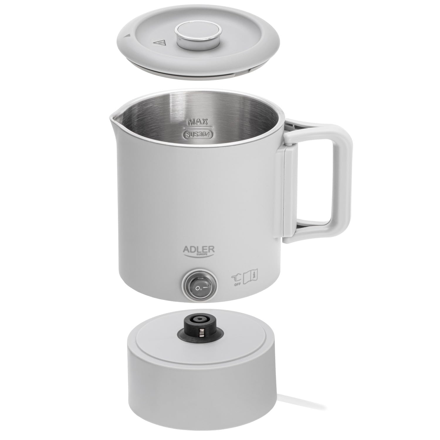 Adler Kompakter Reisewasserkocher 0,8 l 650 W | Klappbarer Griff Doppelte Edelstahlgehäuse 360° drehbarer Sockel Automatische Abschaltung Grau Typ E/F