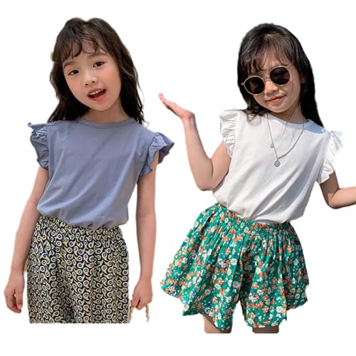 2 Pack Design Cute Baby Toddler Girl Flutter Sleeves T-Shirt Crewneck Fun Color Tank Basic Cotton Tops 18M to 7Y