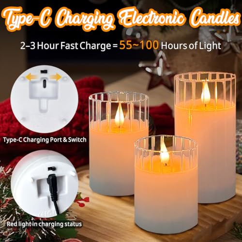 Image of LEDHOLYT Rechargeable Flameless Glass Pillar Candles - Remote & Timer - Set of 3 White Stripes Realistic Flickering LED Light, Ideal for Living Room, Bedroom & Holiday Decor& Gifts for Women