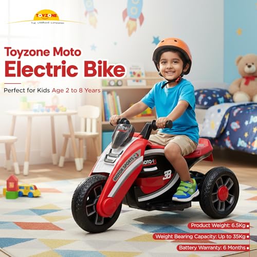 Image of Toyzone Moto Electric Bike (Red) | 6V Rechargeable Bike with 4.5Ah Battery | LED Lights, Built in Music | Smooth Acceleration | 6M Battery Warranty | Age 2-8 Years, Upto 35 kg