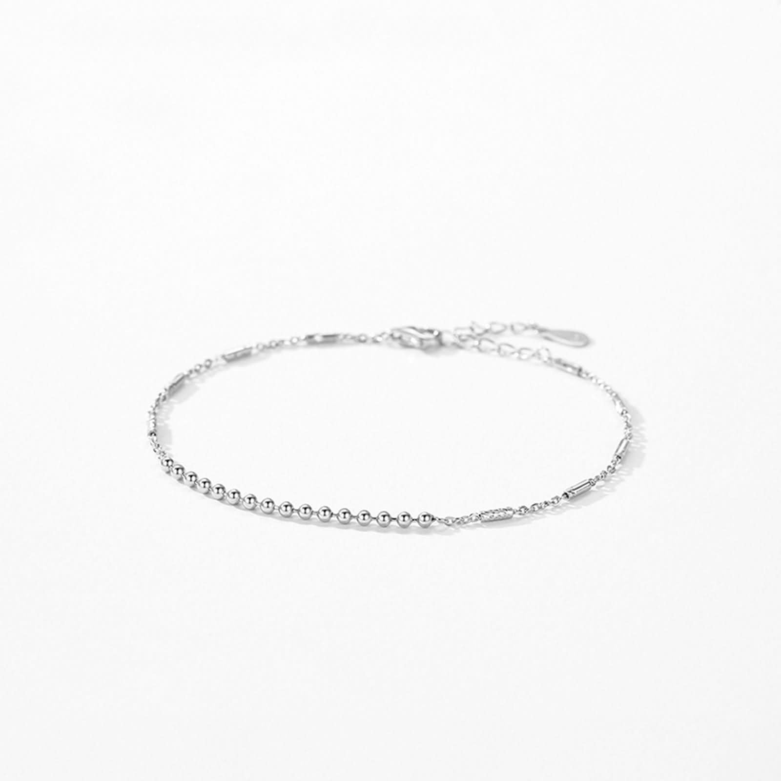 Bracciali Catena Donna in Oro Bianco 9K / 14K / 18K, Catena con Perline, Regolabile 16 CM + 5 CM, Braccialetto Donna Argento