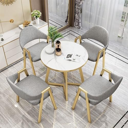 Moderno juego de mesa de comedor redonda de 5 piezas con parte superior de mármol, incluye 1 mesa y 4 sillas, muebles de comedor elegantes para cocina y hogar, 80 x 75 cm (ancho x alto)