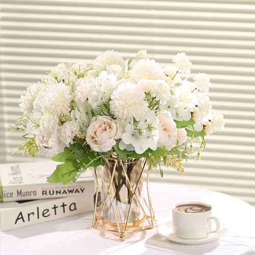 HNVNER Fleurs Artificielles Deco de Pivoine 2 Bouquets, Blanche Hortensias Bouquet de Fleurs, Composition Florale Artificielle pour Decoration Table, Mariage, Arrangement Floral, Maison, Cuisine – vue 4