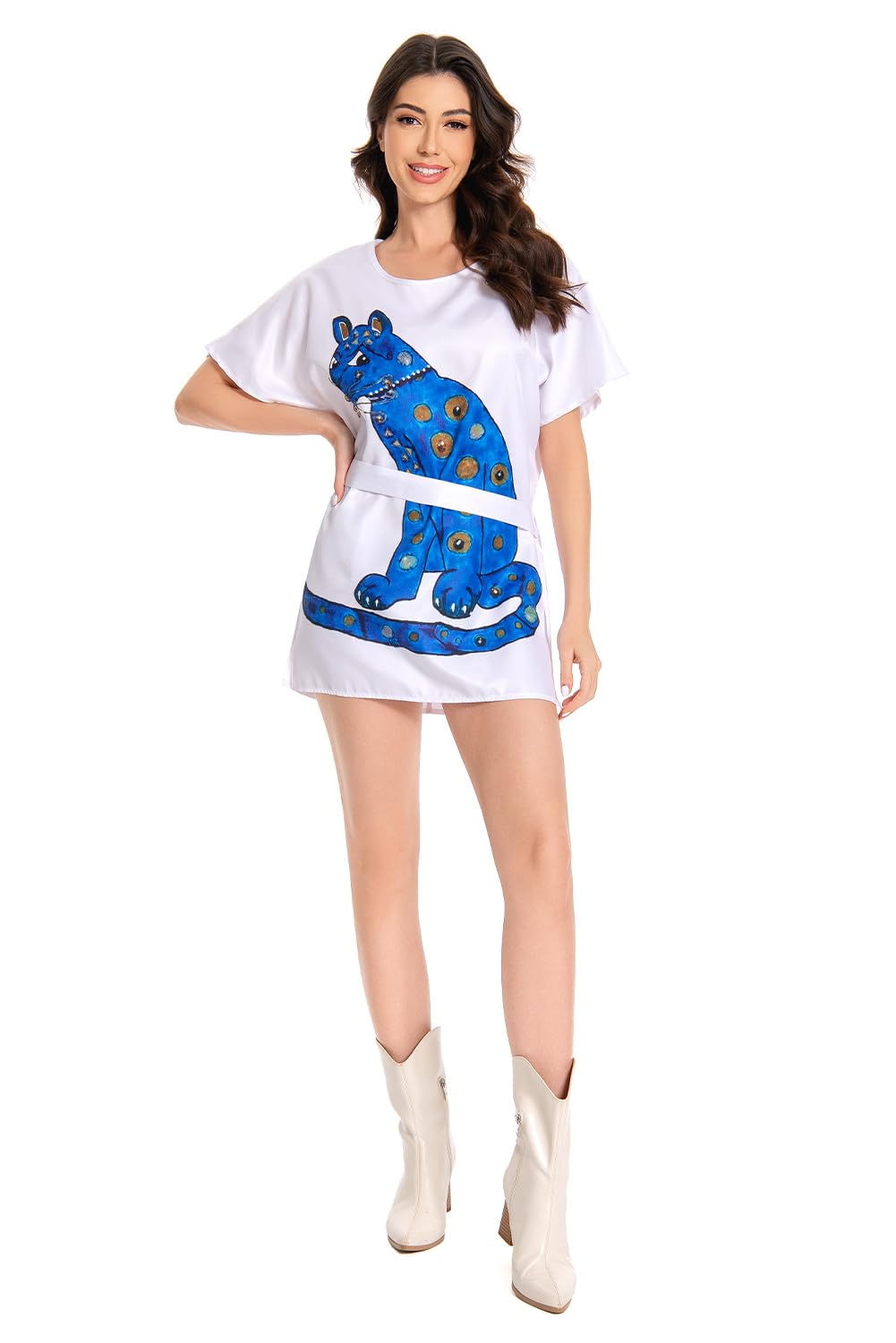 Anni Frid Costume Chat T-shirt Femme Vintage Rétro Robe Halloween Carnaval Merch avec ceinture Blanc