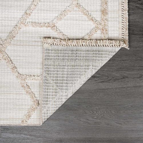 Image of Hauteloom Hive Farmhouse Living Room Bedroom Modern Moroccan Trellis Area Rug - Soft Shaggy High Low Carpet - High Pile - Bohemian, Boho - Gray, Brown, Beige, Cream - 6'7 inch x 9'