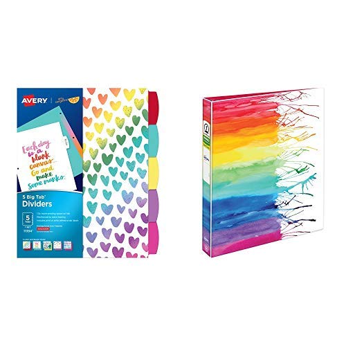 Avery + Amy Tangerine Designer Collection Big Tab Dividers, Rainbow Vibes, 5-Tab Set (11394) AND Designer Collection Binder, 1 Round Rings, 175-Sheet Capacity, Watercolor Rainbow