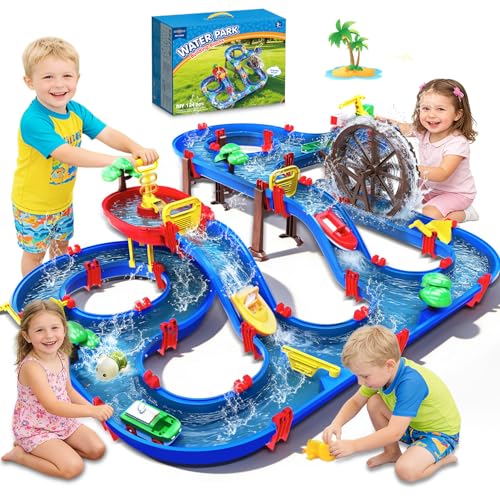 TERRAMUS 2-Tier Kids Watermill Water Table Toys 124PCS Water Park Playset with Pump Waterwheel Summer Outdoor Water Toys Waterways for Backyard Lawn Beach Pool Gifts for Boys Girls Toddlers 3-5 4-8