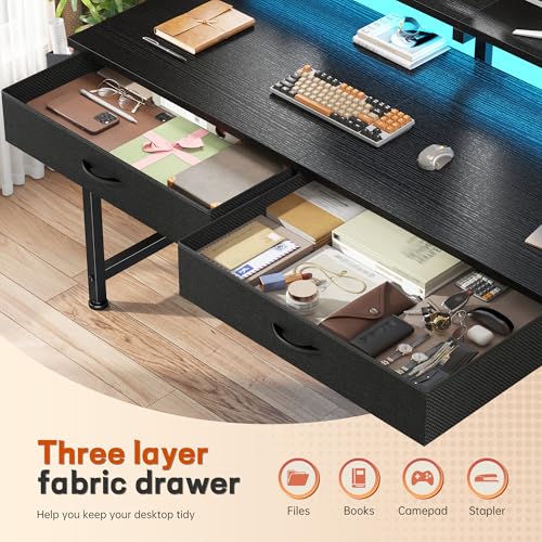 Image of DurayLoly 47.3Inch Gaming Desk with LED Lights with 2 Drawers, Home Office Desk Computer Desk with Side Pocket & Ergonomic Monitor Stand, Small Space Study Writing Table with Anti-Tip Design,Black