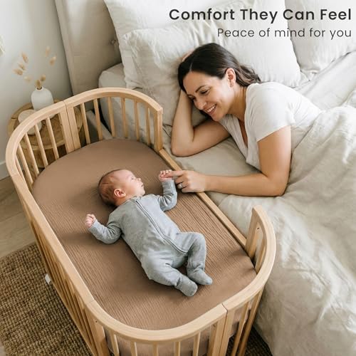 Image of Konssy 2 Pack Muslin Bassinet Sheets for Boys, Girls, 100% Cotton Soft Breathable Fitted Bassinet Mattress Sheet, 33 x 21 inches (Brown,Summer Wheat)