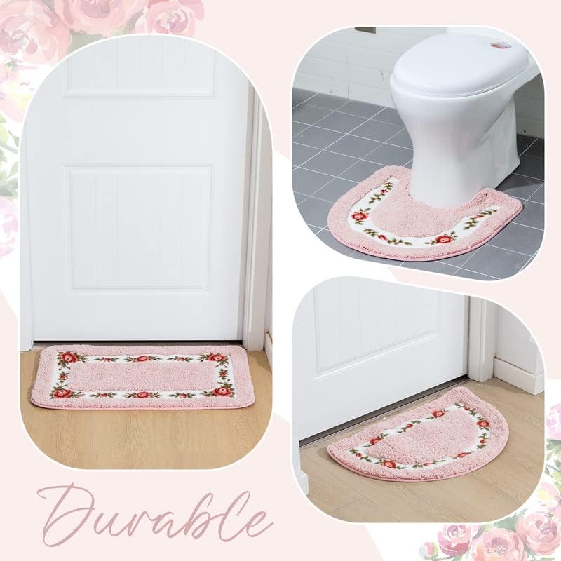 Miniatura 6 de Timgle Juego de 4 alfombras de baño con diseño de rosas y flores coquetas, decoración de flores de rosa, antideslizantes, absorbentes, lavables,