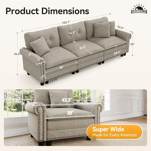 Image of SUNSHINE VALLEY 103.1 inch Modular Sectional Couch for Living Room Deep Seats | Mid-Century Modern 3-Seater Cloud Sofa, Light Grey, Rolled Arms & Nailhead Trim, Wider & Deeper Seats, Soft Linen