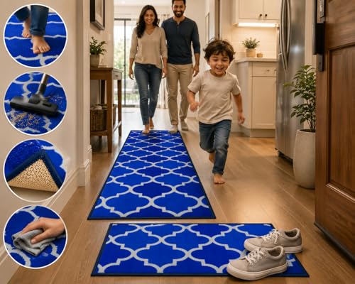 Image of Matz&More Anti Slip Kitchen Runner & Doormat Combo (50x120cm + 40x60cm), Nylon Tufted Floor Mat with Rubber Backing, Carpet for Kitchen, Bathroom, Entrance & Bedside, Trellis Two Toned Blue