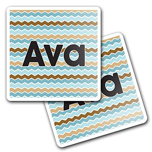 2 x 10cm Vinyl Square Stickers Set - Name Ava Blue Waves Geometry Zigzag Color Letter Lettering Travel Scrapbooking Gift Decal Wall Art Self Adhesive Waterproof #254391