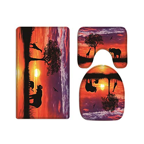 A.Monamour Badezimmer Badematte 3 Teilig Set Elefanten Giraffen Baums Der Afrikanischen Tiere Himmel...