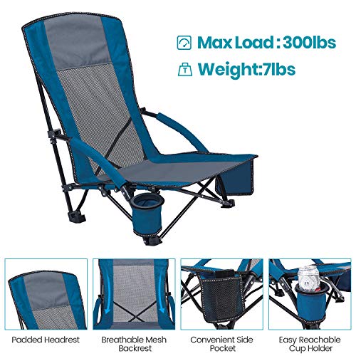 Xgear Low Seat Beach Chair High Back Camping Chair Camp Chair Lawn Chair With Cup Holder & Carry Bag For Outdoor, Camping, Bbq, Beach, Travel, Picnic, Festival (1Pc/ Blue) #TOP4