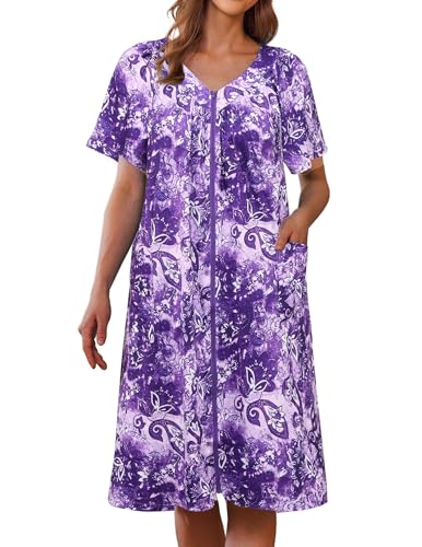 Image of Ekouaer Women Robe Zipper Front Mumu Duster Robes Zip Up Housecoat Soft Sleepwear with Pockets