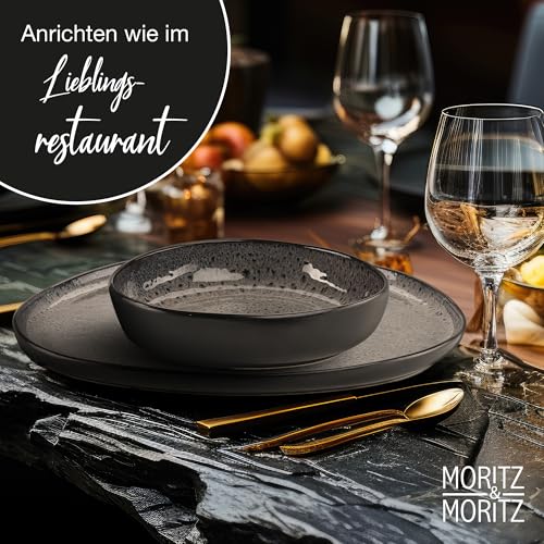 Moritz & Moritz ORGANIC 24-teiliges Geschirrset 6 Personen Grau - Elegantes Teller Set aus hochwertigem Steinzeug - Geschirr Set 6 Personen aus 6x Dinnerteller, Dessertteller, Suppenteller und Tassen