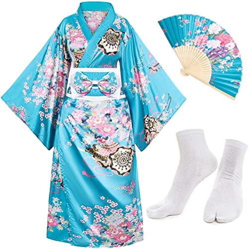 Japanese Anime Women's Long Kimono Robe Fancy Dress Hand Held Silk Folding Fans Tabi Socks Set Light Blue Plus Size
