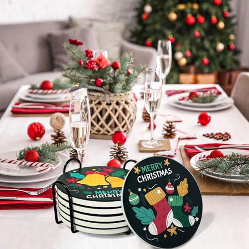 YumSur Christmas Drink Coasters Set of 6 with Holder - Absorbent Ceramic Stone Coasters with Cork Bottom - Heat and Scratch Resistant Decorative Drink Mats