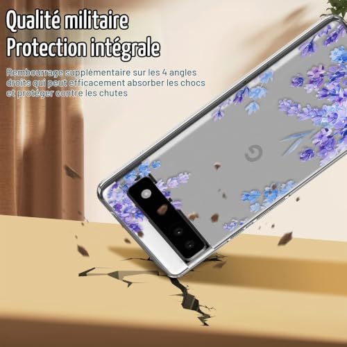 DiyGody Coque de Protection Compatible avec Google Pixel 7a 6,1 Pouce 2023, Housse en Silicone Souple TPU Transparent avec Jolies Fleurs pour Femmes, Étui de Antichoc Anti-Rayures Ultra Fine - Lavande – vue 4