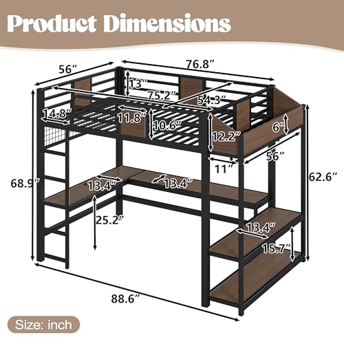 Image of Bellemave Full Size Loft Bed with Desk and USB Ports, Clothes Hanging Rod, LED, Metal Full Loft Bed Frame for Adults, Kids, Teens, Black