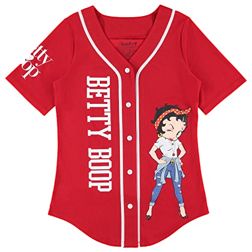Betty Boop Ladies Baseball Jersey, Bonnie, Margie, and Mae Mesh Button Down Baseball Jersey Vintage Shirt (Red, Large)