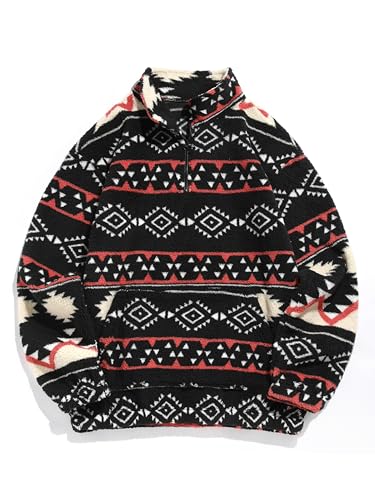Image of ZAFUL Men 1 /4 Zipper Ethnic Aztec Fleece Unisex Winter Sweatshirt Tops 2026 | Funnel Neck Fluffy Polar Fleece Faux Sherpa Soft Thermal Pullover Kangaroo Pocket Jacket Hoodie Tops