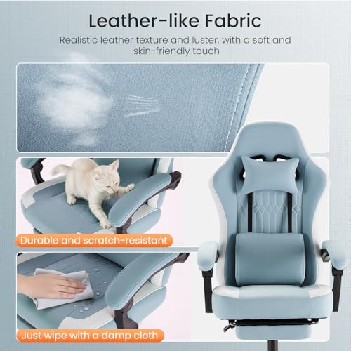 Image of DUMOS Gaming Chair with Linkage Armrests, Video Game with Pocket Spring Cushion, Ergonomic Computer Silla Gamer Office Desk Chair with Footrest for Adults & Students, Blue