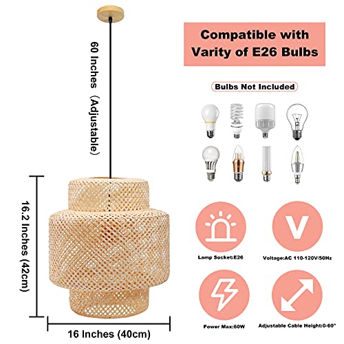 Frontsea Rattan Pendant Lighting for Kitchen | Bamboo Lampshade Handmade Weave Lighting | Wooden Boho Decor | Modern Hanging Ceiling Light Fixture (16-inch), Cream - Image 4