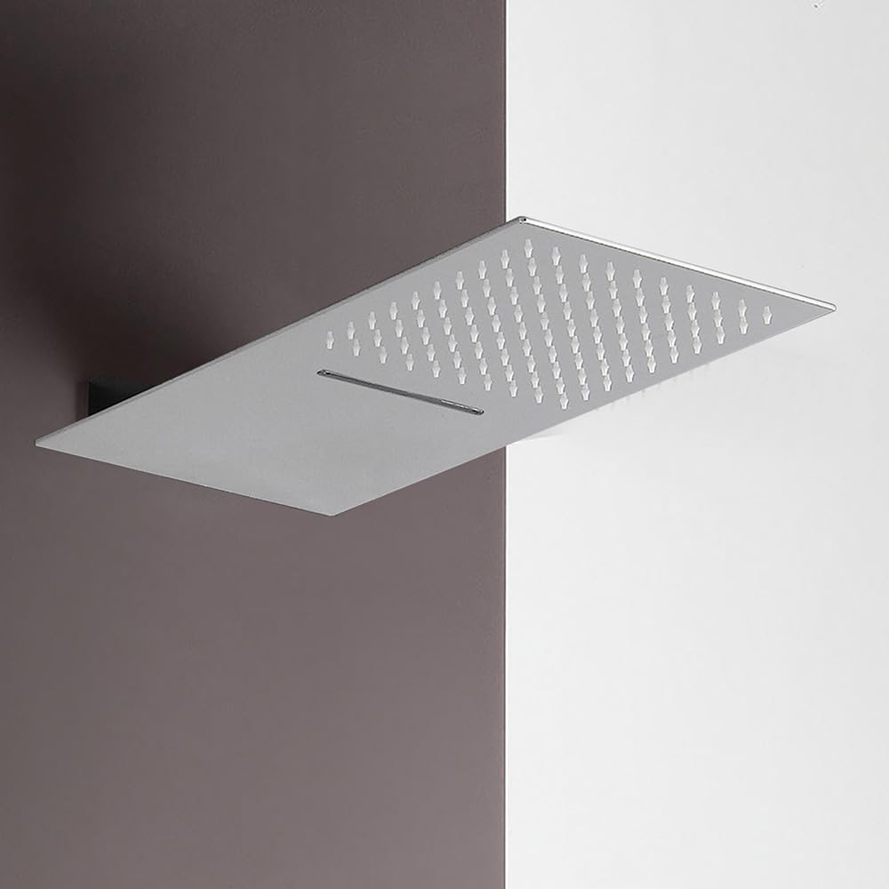 Soffione doccia a sbalzo cromo lucido 25x52 slim con cascata ed effetto pioggia, in acciaio inox