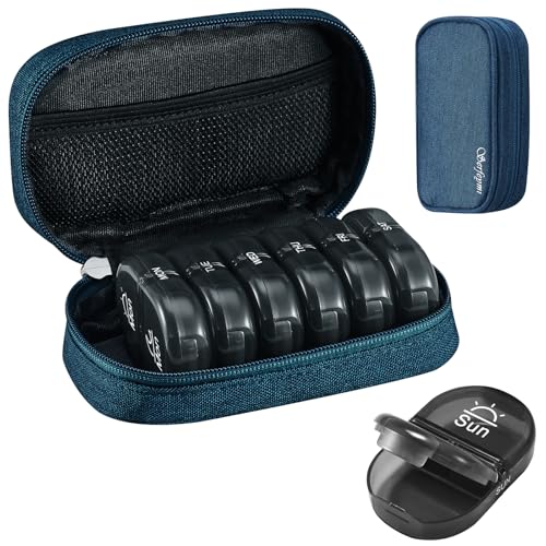 Image of Serfeymi Weekly Travel Pill Organizer 2 Times A Day AM PM Upgraded Black Pill Box 7 Day with Portable Zipper Canvas Pill Case, Medicine Organizer for Pills, Vitamins, Supplements, Fish Oils - Blue 01