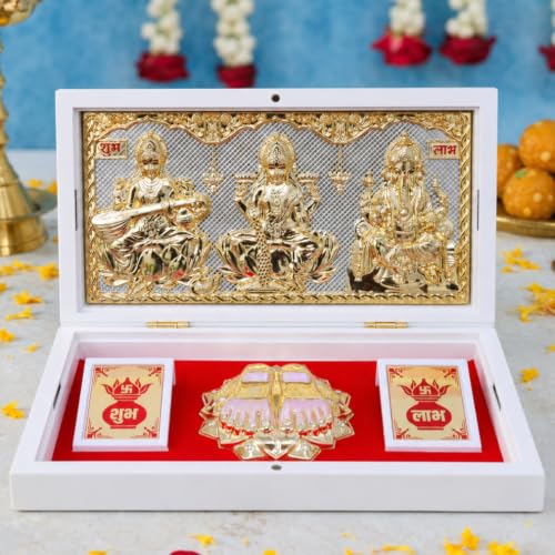 ARNAVIRA Gold Plated Lakshmi Ganpati Sarawati Photo Frame with Charan Paduka Pocket Temple for Diwali Gift, House Warming Gifts, Return Gift Puja Box discount deal