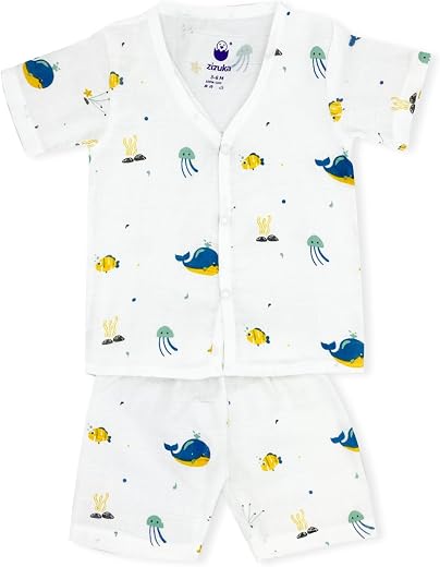 Zizuka Unisex Baby Clothes Set for Boys and Girls- 100% Cotton Muslin Jabla Top &amp; Shorts Co ord Set | Soft Half Sleeve Out...