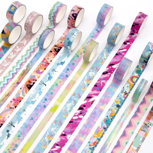Jniseger Washi Tape Set 27 Rolls.Nettes Dinosaurier farbiges dekoratives Band für Kinder, Klebeband für Journaling, Scrapbooking Zubehör, DIY Handwerk, Junk Journal, Schulbedarf