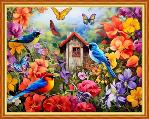 Image of Foxhool Beginners Cross Stitch Kits Stamped Full Range of Embroidery Kits for Adults DIY Cross Stitches kit Embroidery Patterns for Needlepoint kit-Little Bird Family 16x20 inch