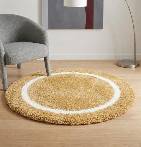 Image of Shaggy Polyester Microfiber Round Rug Carpet for Living Room | Ultra Soft Fluffy Plush Area Rug | Anti-Skid Non-Slip Backing | Washable Carpet for Bedroom- (3x3 feet, Ring Gold, Round)