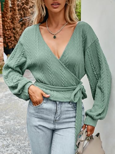 Image of ZAFUL Women's V Neck Sweater Lantern Long Sleeve Pullover Cable Knit Cross Crop Top Casual Tie Wrap Tunic Jumper Blouses