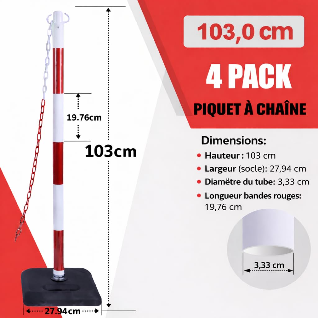 Poteau Délimiteur de Trafic 40''/100cm avec Chaîne 20FT/600cm et Base Remplissable Sable/Eau 4 Pièces