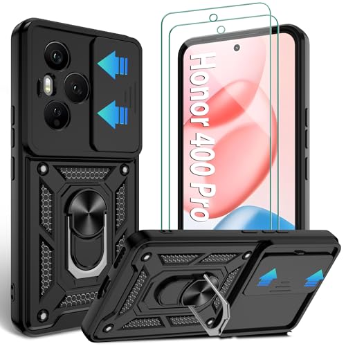 Jshru for Honor 400 Pro Case with Screen Protector Built-in Camera Protection Cover and Ring Kickstand Military Grade Shockproof Case for Honor 400 Pro Black