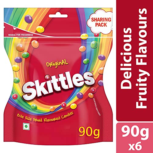 Image of Skittles Original Chewy Fruit Candy Sharing Pack, Bite-Size Fruity Flavours (Lemon, Apple, Grape, Strawberry, Orange), Imported Candies, 90g, Pack of 6