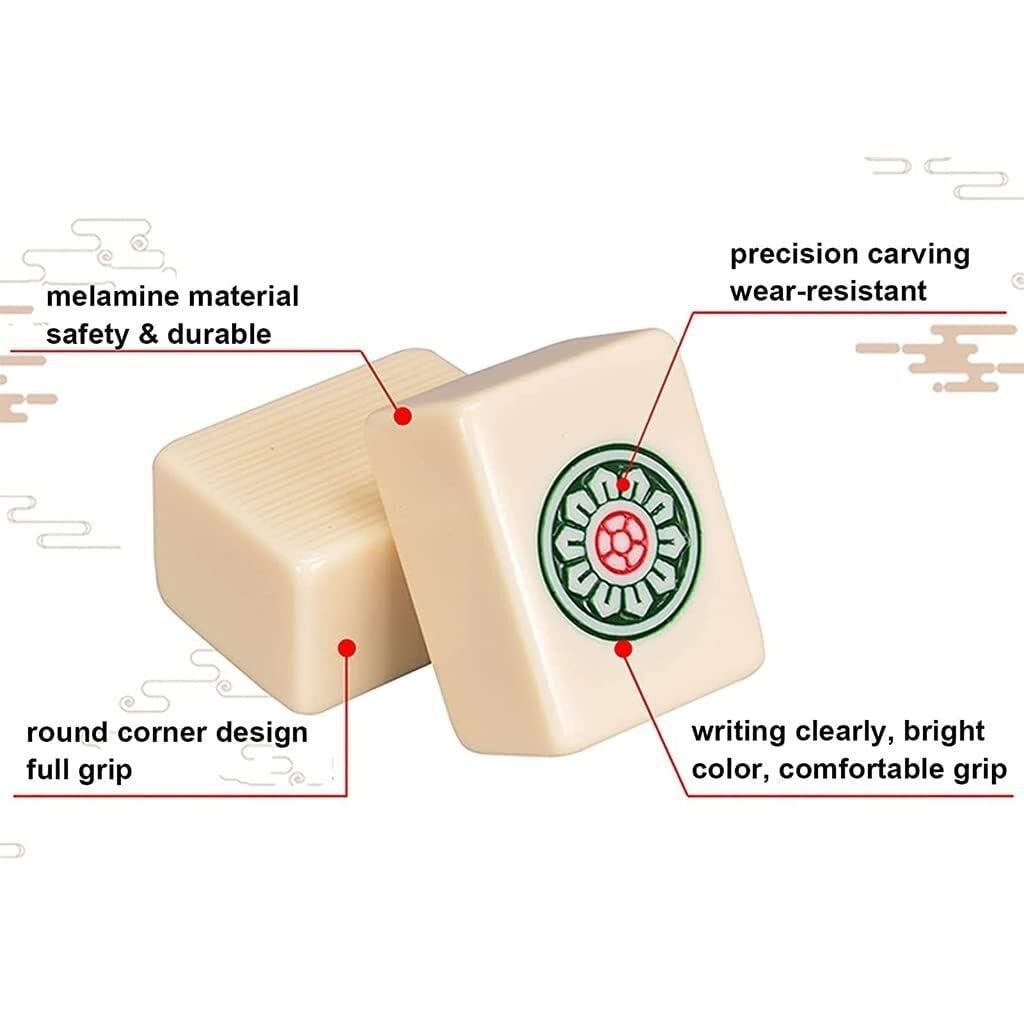 Mahjong Mah-Jong traditionnel chinois - Cadeau de divertissement - 144 carreaux en mélamine avec 2 carreaux de rechange, 3 dés, tapis, 1 girouette, jetons, jeu - Beau cadeau pour collection