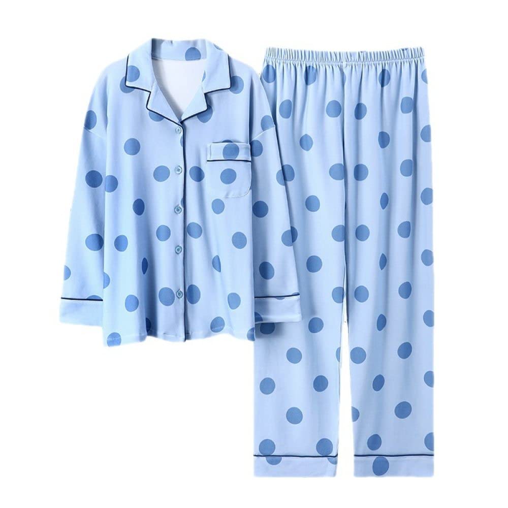 Pijamas Mujer Invierno,Conjuntos De Pijamas para Mujer Estampado De Lunares con Solapa De Algodón Azul Claro con Bolsillo Pijama De Manga Larga Cálido Y Acogedor Clásico Top & Amp; Conjunto De Pa