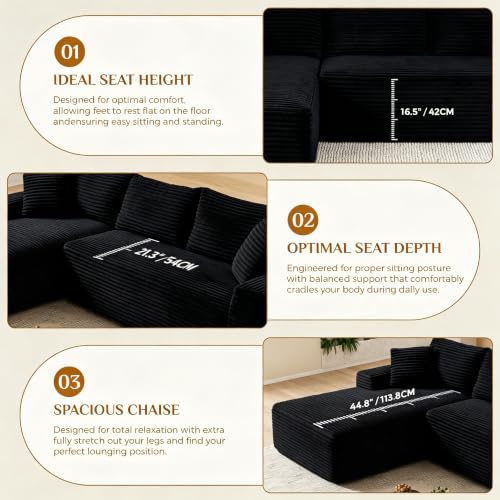 Image of 95 inch Boneless Cloud Sectional Couches for Living Room, Comfy Fluffy L Shaped Memory Foam Deep Seat Boneless Couch, Modular Sectional Sofa with Left Facing Chaise, Dark Black