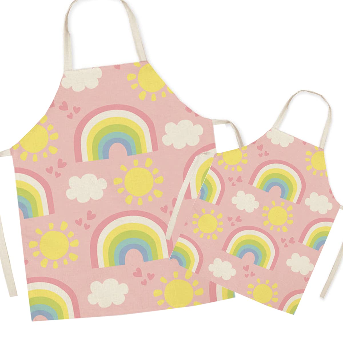Fomaiself Rainbow Linen Parent And Child Apron Set, Cute Pattern Mummy And Me Matching Aprons, Adjustable Kitchen Apron For Cooking Baking Painting Party, Mum Son Daughter Home Apron