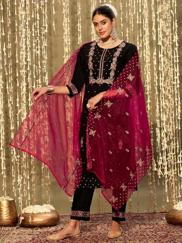 Image of INDO ERA Women's Cotton Blend Embroidered Straight Kurta & Pant with Dupatta Set