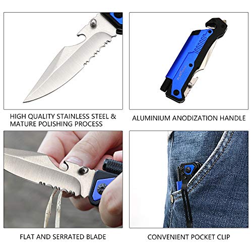 Image of ALBATROSS Best 6-in-1 Survival Tactical Military Folding Pocket Knives with LED Light,Seatbelt Cutter,Glass Breaker,Magnesium Fire Starter,Bottle Opener;Multi-Function Emergency Tool(Blue-SA)