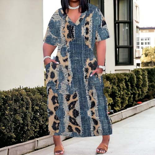 Image of SUZONANA Plus Size Denim Print Shirt Maxi Dresses for Curvy Women Casual Blue Jean Summer Outfits Long Short Sleeve Dress with Pockets Patchwork 3XL