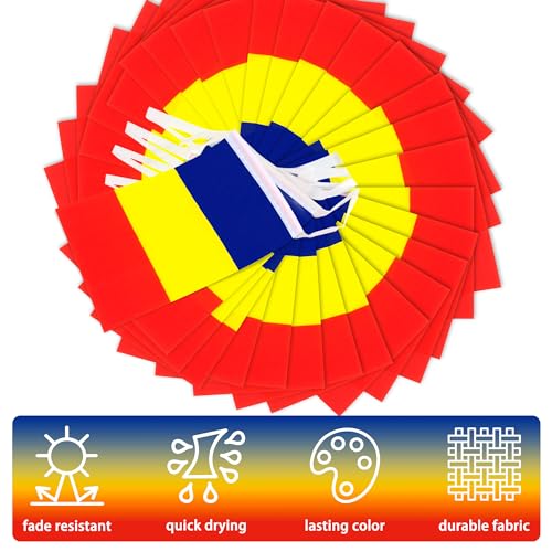 Image of Romania String Flag Pennant Banner, Small Mini Romanian Flags Bunting Banner, National Country Decoration for School, Party, Sports Events, Patriotic Festival, 33 Feet 30 Flags